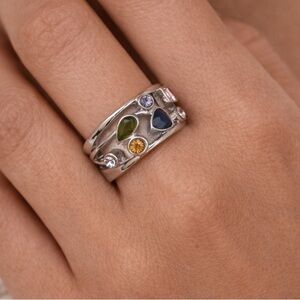 Brand New!! Geometric multi stone ring silver, orange, pink, blue and gr